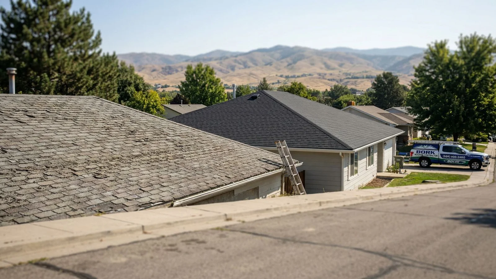 An older roof next to a newly replaced roof in a Boise neighborhood