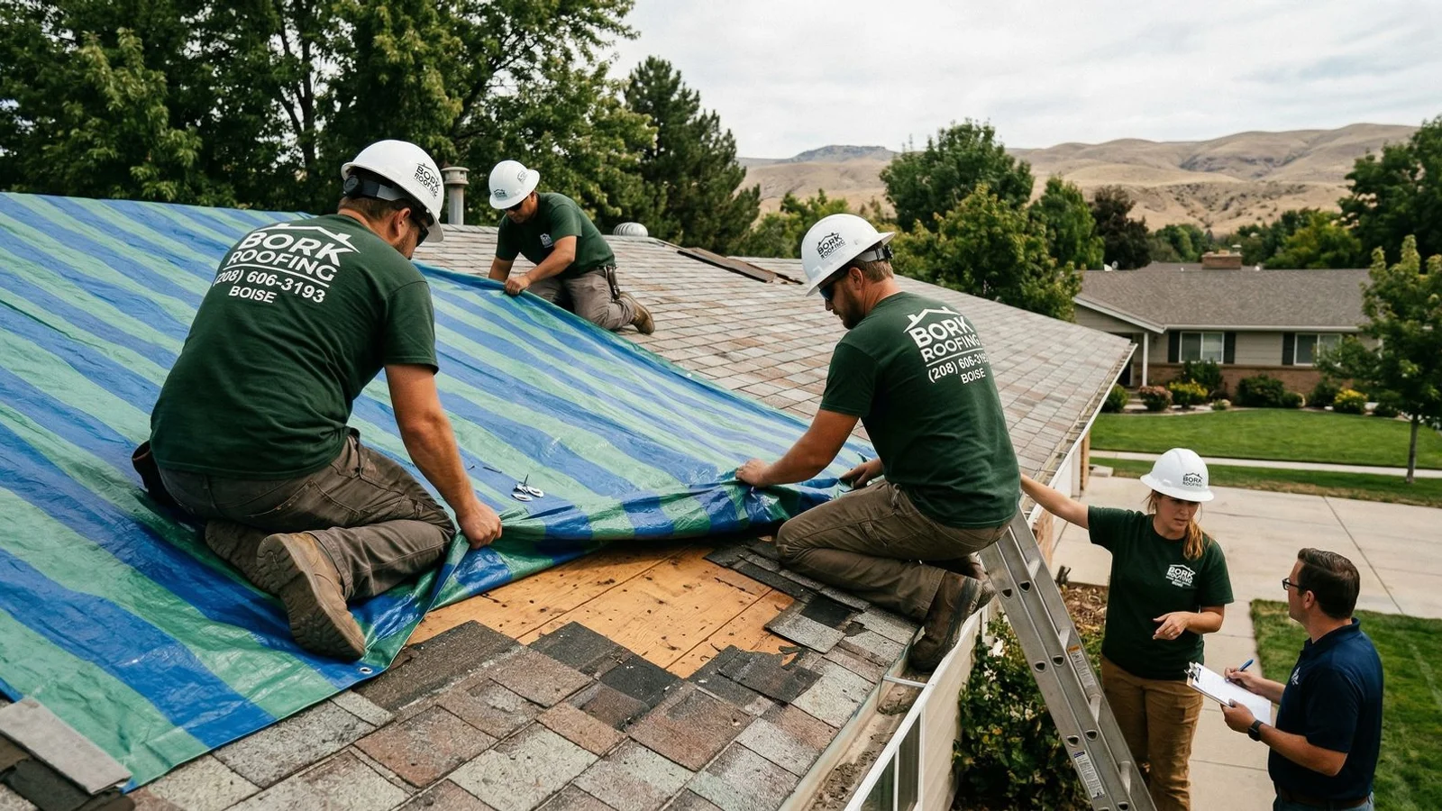 A Bork Roofing crew installing an emergency tarp on a storm-damaged Boise roof