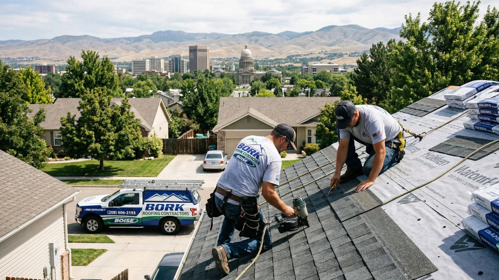 A Bork Roofing crew mid-installation of new shingles on a Boise home