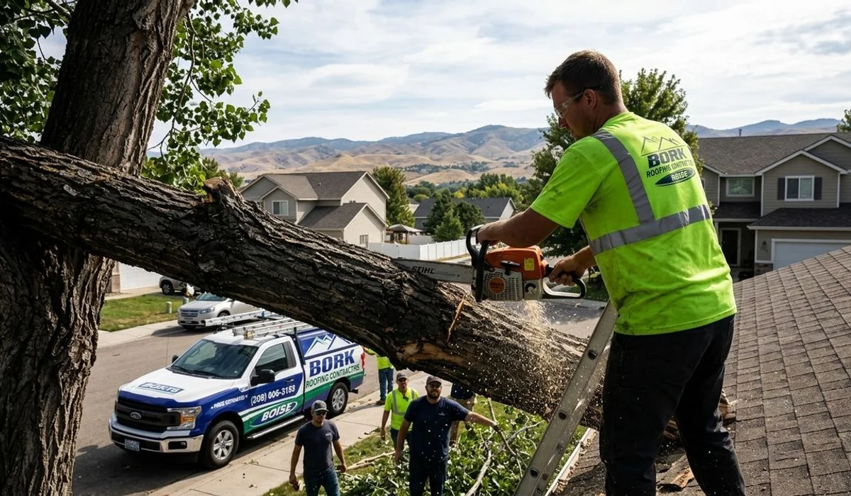 Bork Roofing emergency crew with chainsaw removing fallen tree limb from Boise home roof