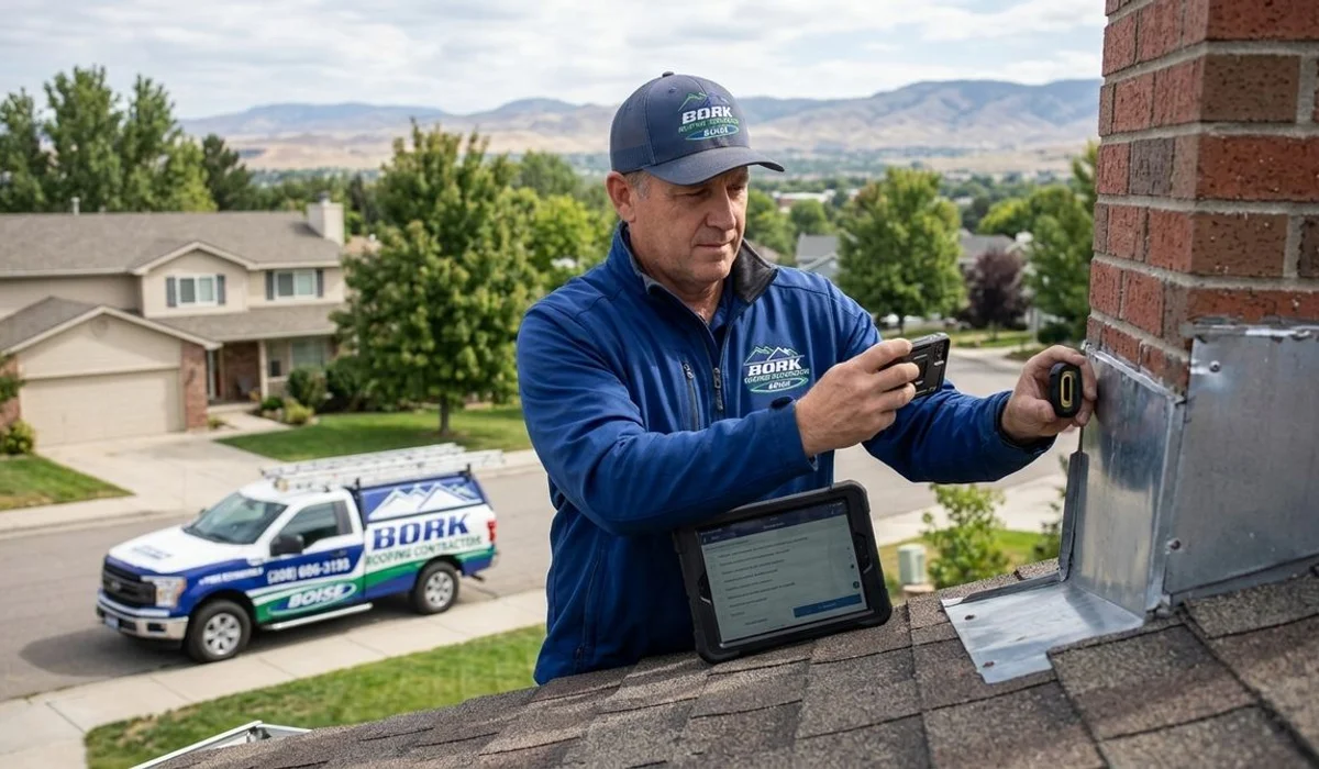 Bork Roofing inspector checking chimney flashing with tablet documentation