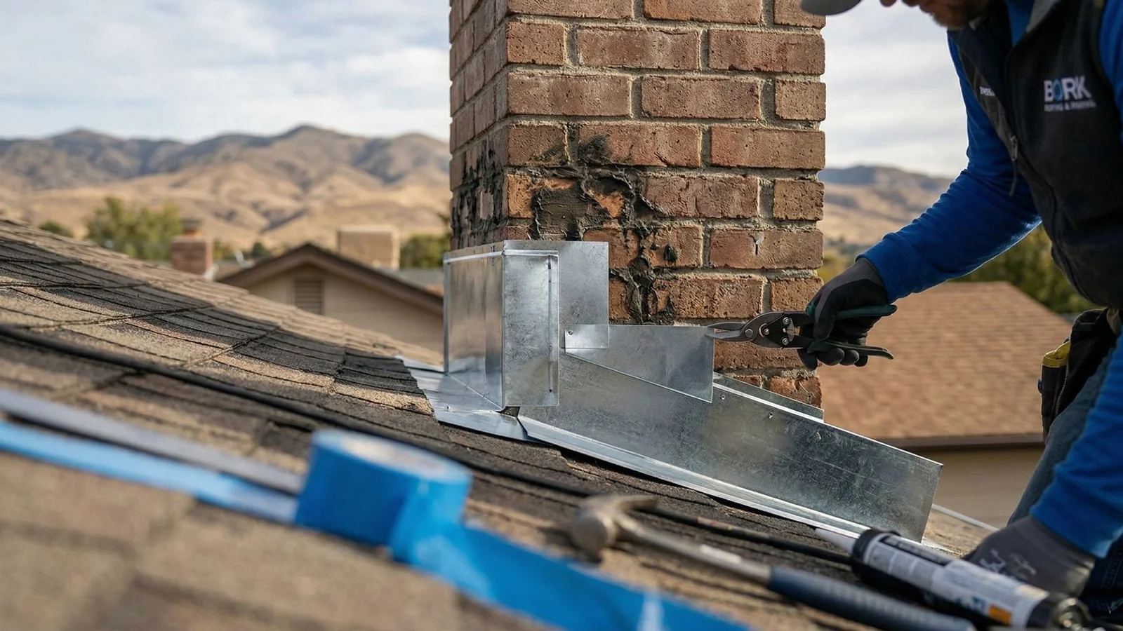 A properly installed chimney flashing on a brick chimney