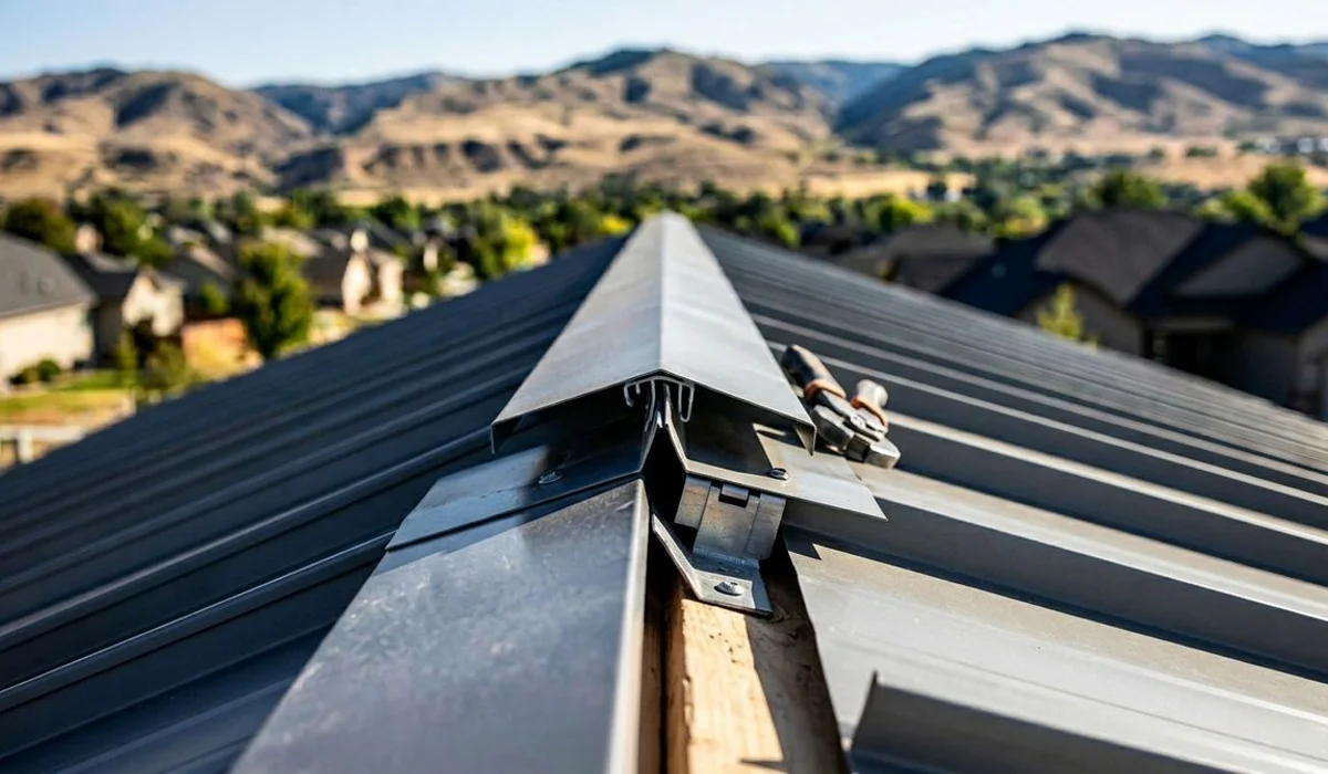 Close-up of a standing seam metal panel showing the concealed fastener profile