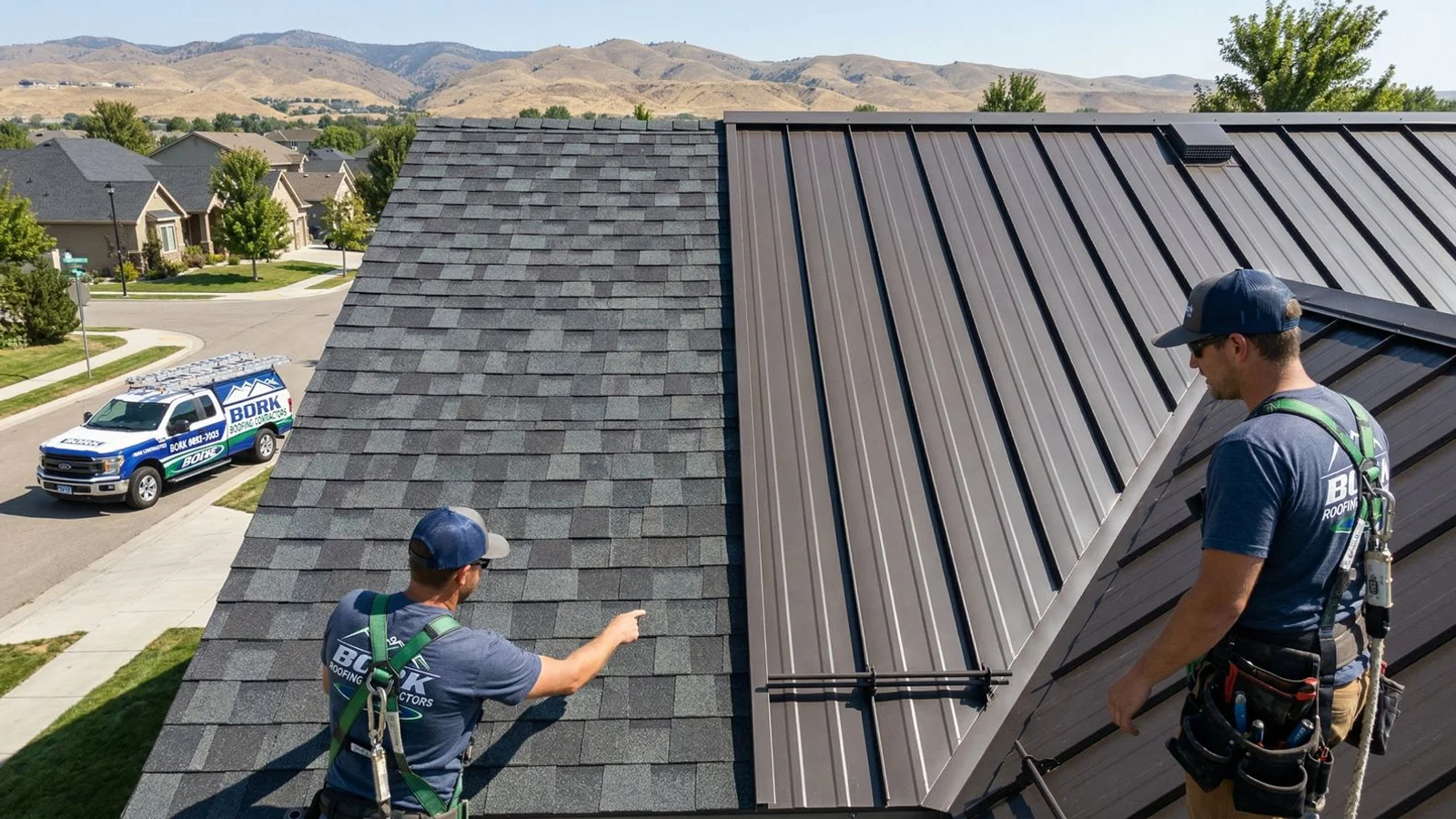 Side-by-side comparison of asphalt shingle and metal roof samples on a Boise home