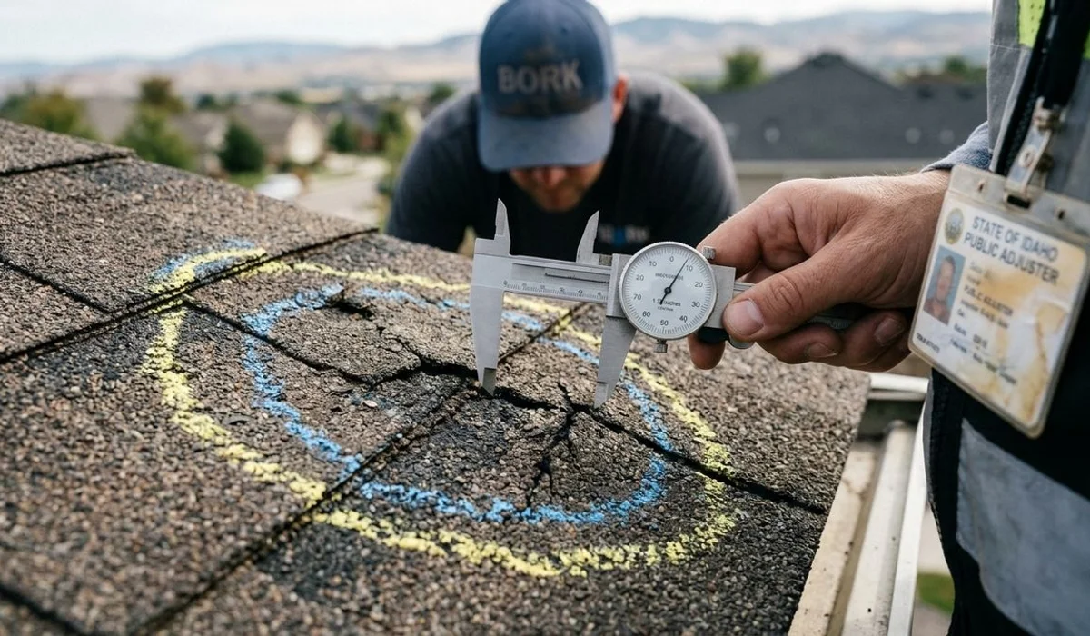 Hail damage documentation with measurement gauge and chalk circles on asphalt shingles