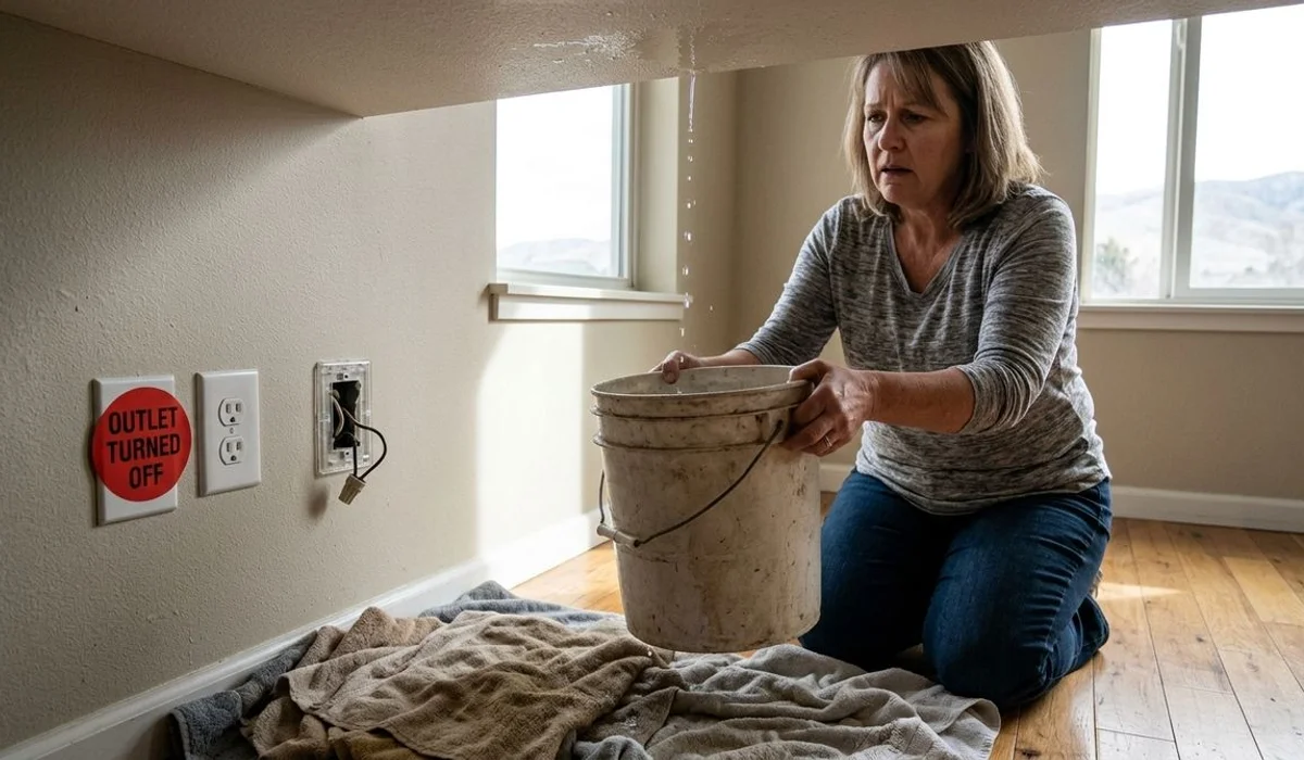 Homeowner placing buckets under active ceiling leak in Boise residence