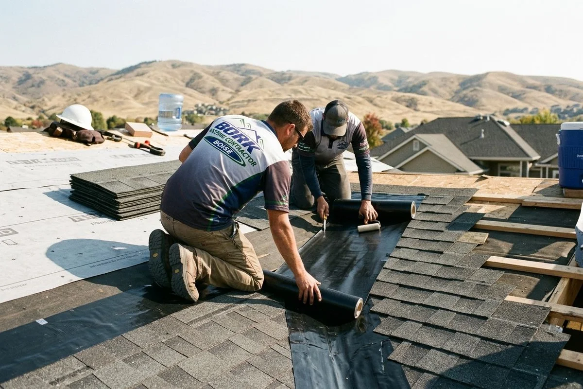 Close-up of ice and water shield installation in a roof valley