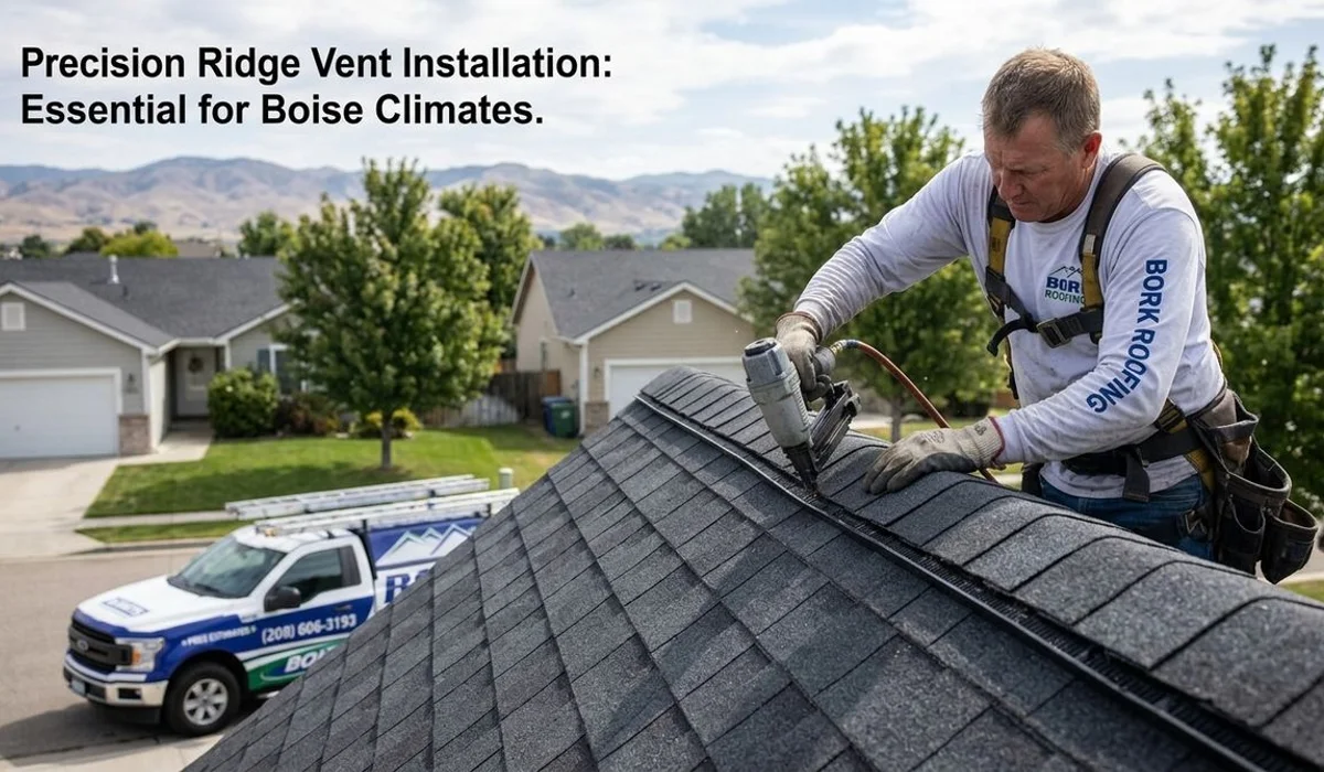 Ridge cap installation with ridge vent on a Boise residential roof